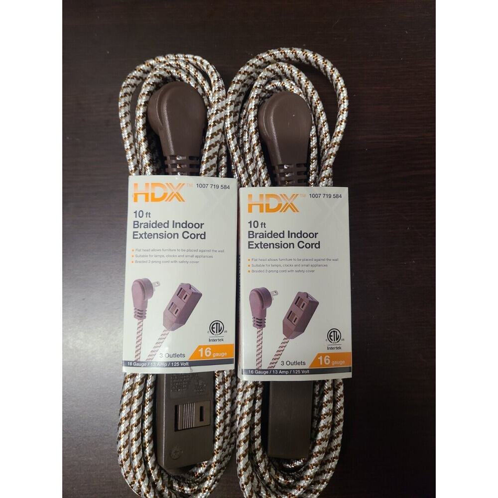 Braided Indoor Extension Cord 10 Ft 3 Outlet 2 Prong 16 Ga Brown White Lot 0f 2